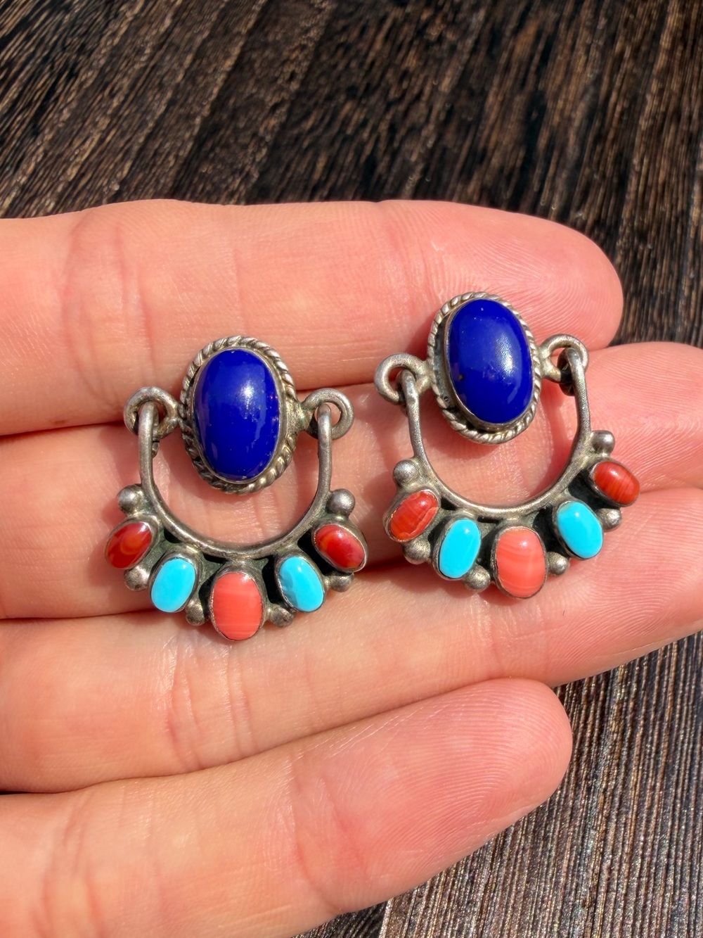 Vintage Navajo Handmade Sterling Silver Earrings with Lapis, Turquoise & Coral